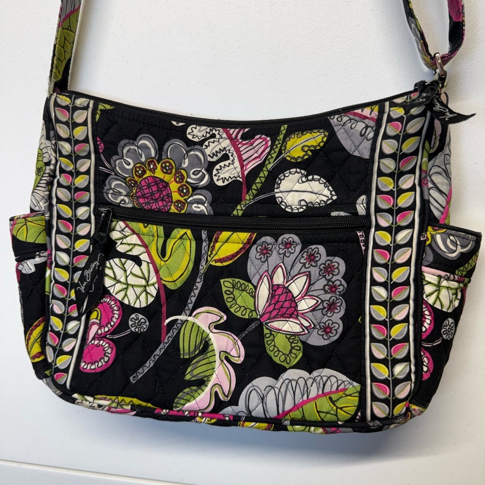 Tropical Themed Floral Retired Vera Bradley Festive Blk and Green Crossbody Bag